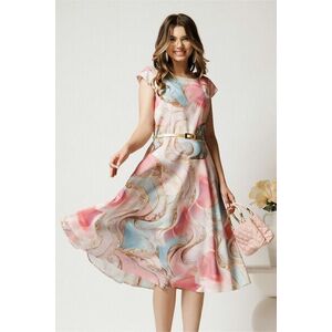 Rochie midi roz cu imprimeu bleu in clos cu buzunare si curea in talie imagine