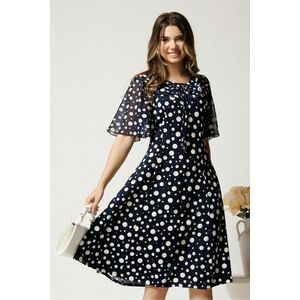 Rochie midi bleumarin din lycra in clini cu buline asimetrice imagine