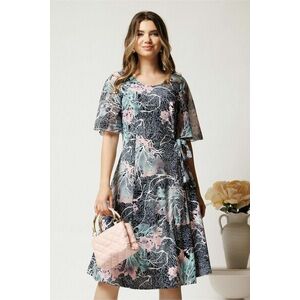 Rochie midi bleumarin cu imprimeu roz-turcoaz din lycra in clini cu funda in talie imagine