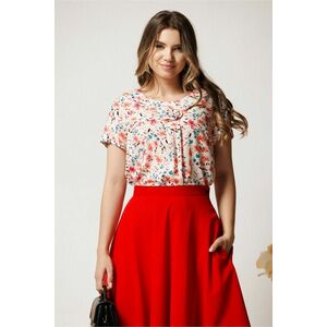 Bluza alba cu imprimeu floral corai din viscoza lejera cu floare la bust imagine
