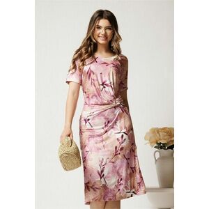 Rochie midi roz cu print bej din lycra cu croi cambrat si catarama in talie imagine