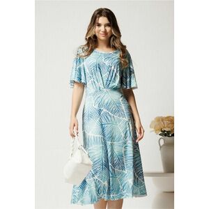 Rochie midi alba cu imprimeu albastru din viscoza in clos cu pliuri pe bust imagine