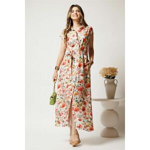 Rochie lunga de zi ivory cu flori corai din in cu croi drept si cordon in talie imagine