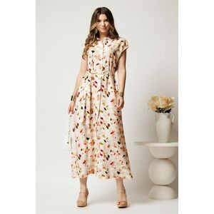 Rochie lunga de zi ivory cu frunze maro din in cu croi drept si cordon in talie imagine