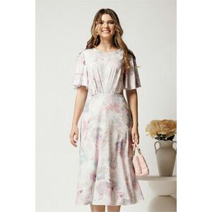 Rochie midi roz cu flori turcoaz din viscoza in clos cu pliuri pe bust imagine
