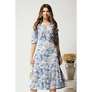 Rochie midi bleu din viscoza in clos cu flori albe imagine