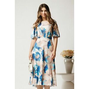 Rochie midi bej cu flori albastre din viscoza in clos cu pliuri pe bust imagine
