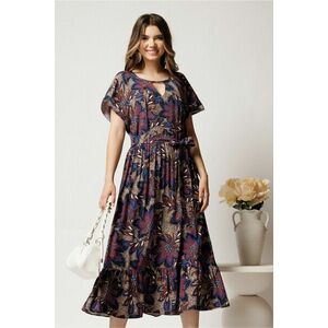 Rochie midi bleumarin din viscoza in clos cu imprimeu maro si cordon in talie imagine