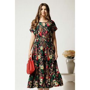 Rochie midi bleumarin din viscoza in clos cu flori fucsia si cordon in talie imagine