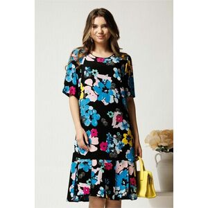 Rochie midi neagra din viscoza cu croi drept si flori albastre imagine