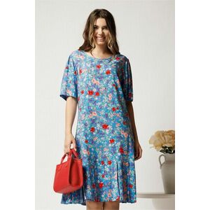Rochie midi bleu din viscoza cu croi drept si flori roz imagine