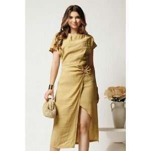 Rochie midi bej din viscoza cu aspect sifonat si funda pe fusta imagine