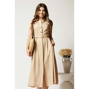 Rochie midi bej din tencel in clos cu nasturi si curea imagine