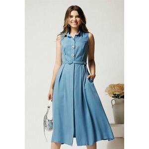 Rochie midi bleu din tencel in clos cu nasturi si curea imagine