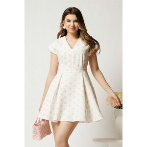 Rochie scurta alba din stofa in clos cu buline roz si curea in talie imagine