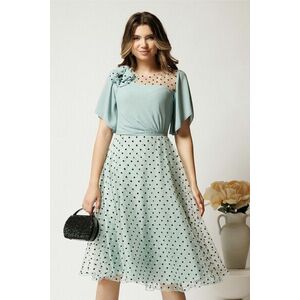 Rochie midi verde mint din voal in clos cu buline catifelate si floare pe bust- Viada imagine