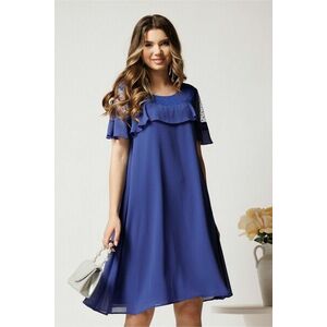 Rochie midi albastra din voal tip A cu tull si buline catifelate la bust imagine
