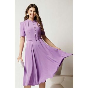 Rochie DY Fashion midi lila in clos din triplu voal cu nasturi la bust si curea in talie imagine
