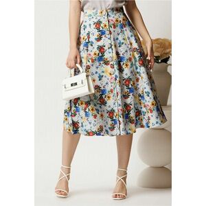 Fusta DY Fashion midi gri cu flori colorate in clos cu nasturi imagine