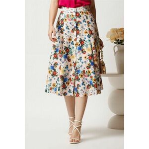 Fusta DY Fashion midi bej cu flori colorate in clos cu nasturi imagine