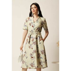 Rochie midi bej in clos cu imprimeuri maro si cordon in talie imagine