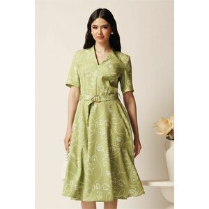 Rochie midi verde in clos cu imprimeu alb si cordon in talie imagine