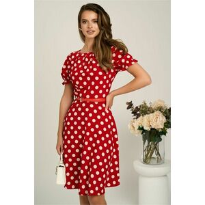Rochie midi rosie din viscoza in clos cu buline mari si curea in talie imagine