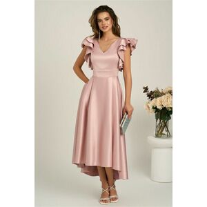 Rochie lunga roz din tafta subtire in clos cu volanase la bust imagine