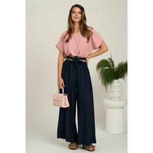 Pantaloni bleumarin evazati din viscoza cu elastic si cordon in talie imagine