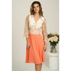 Rochie midi somon cu fusta in clos din voal si dantela florala la bust imagine