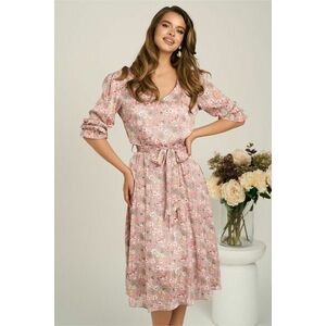 Rochie midi roz din voal in clos cu flori si cordon in talie imagine