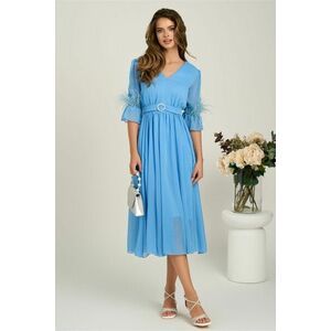 Rochie DY Fashion midi bleu din voal in clos cu pene la maneci si accesoriu in talie imagine