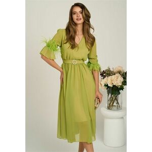 Rochie DY Fashion midi verde lime din voal in clos cu pene la maneci si accesoriu in talie imagine