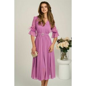 Rochie DY Fashion midi lila din voal in clos cu pene la maneci si accesoriu in talie imagine