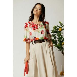 Bluza ivory din viscoza lejera cu flori rosii si volnas la decolteu imagine