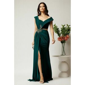 Rochie lunga verde din lycra mulata cu tull transparent si strasuri in talie imagine