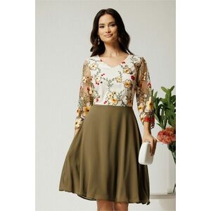 Rochie midi kaki cu fusta in clos din voal si dantela florala la bust imagine