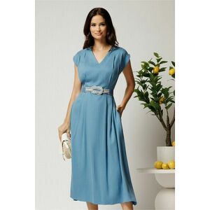 Rochie midi bleu din tencel in clos cu cu pliuri si curea in talie imagine