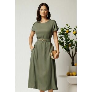 Rochie midi kaki din tencel cu croi evazat si curea in talie imagine