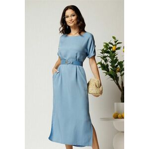 Rochie midi bleu din tencel croi drept si curea in talie imagine
