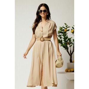 Rochie midi bej din tencel in clos cu nasturi si curea impletita imagine