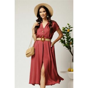 Rochie midi bordo din tencel in clos cu nasturi si curea impletita imagine