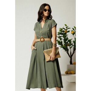 Rochie midi kaki din tencel in clos cu nasturi si curea impletita imagine