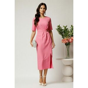 Rochie midi roz din stofa conica cu accesoriu si pliuri pe talie imagine