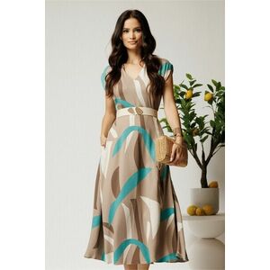 Rochie midi bej in clos din tencel cu imprimeu turcoaz si curea in talie imagine