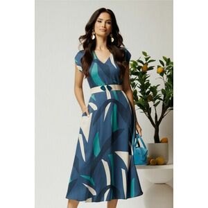 Rochie midi bleumarin in clos din tencel cu imprimeu albastru si curea in talie imagine