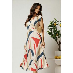 Rochie midi ivory in clos din tencel cu imprimeu rosu si curea in talie imagine