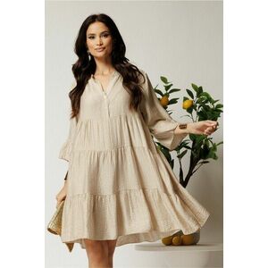 Rochie midi bej din tencel creponat cu croi tip A si nasturi la bust imagine