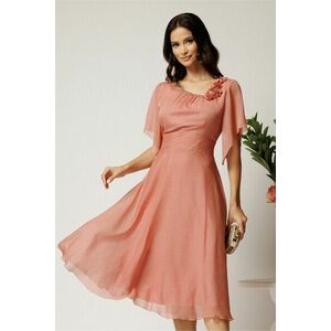 Rochie midi roz din voal in clos cu insertii din fir lurex si flori la decolteu imagine