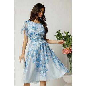Rochie midi bleu din voal in clos cu imprimeu floral si cordon in talie imagine